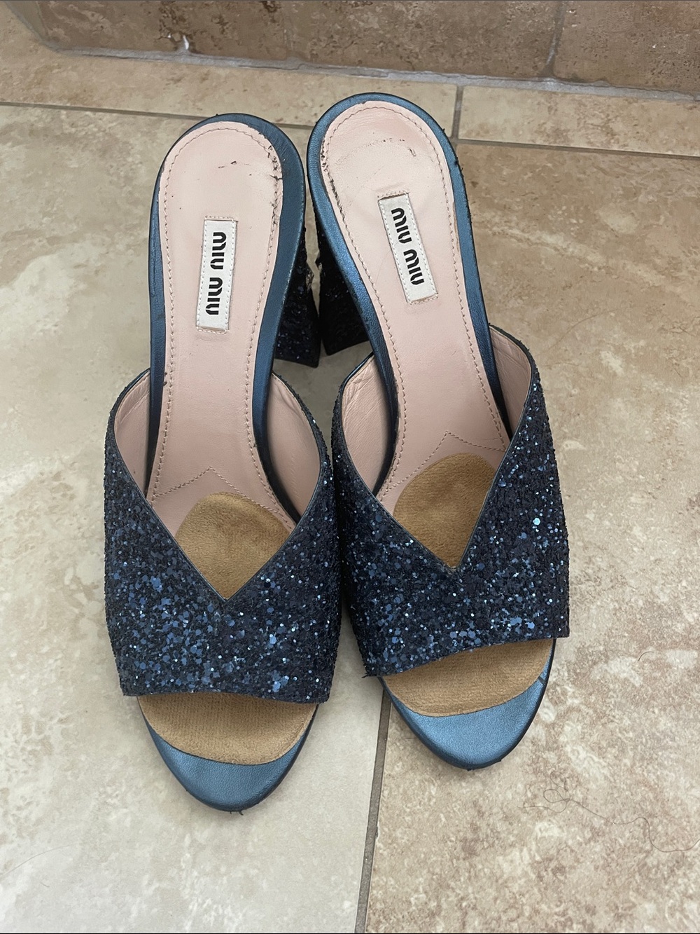 Miu Miu Navy Glitter Open-Toe Heeled Mules with crystal Accent